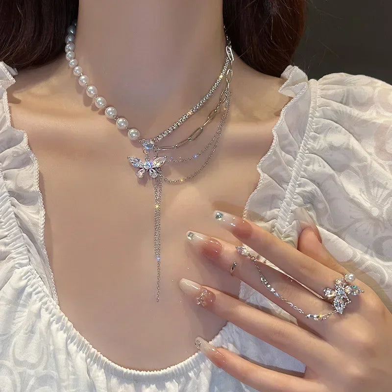 Europe and America Fashion Gold Color Stainless Steel Water Drop Tassel Pendant Necklace for Women Clavicle Chain Paty Jewelry