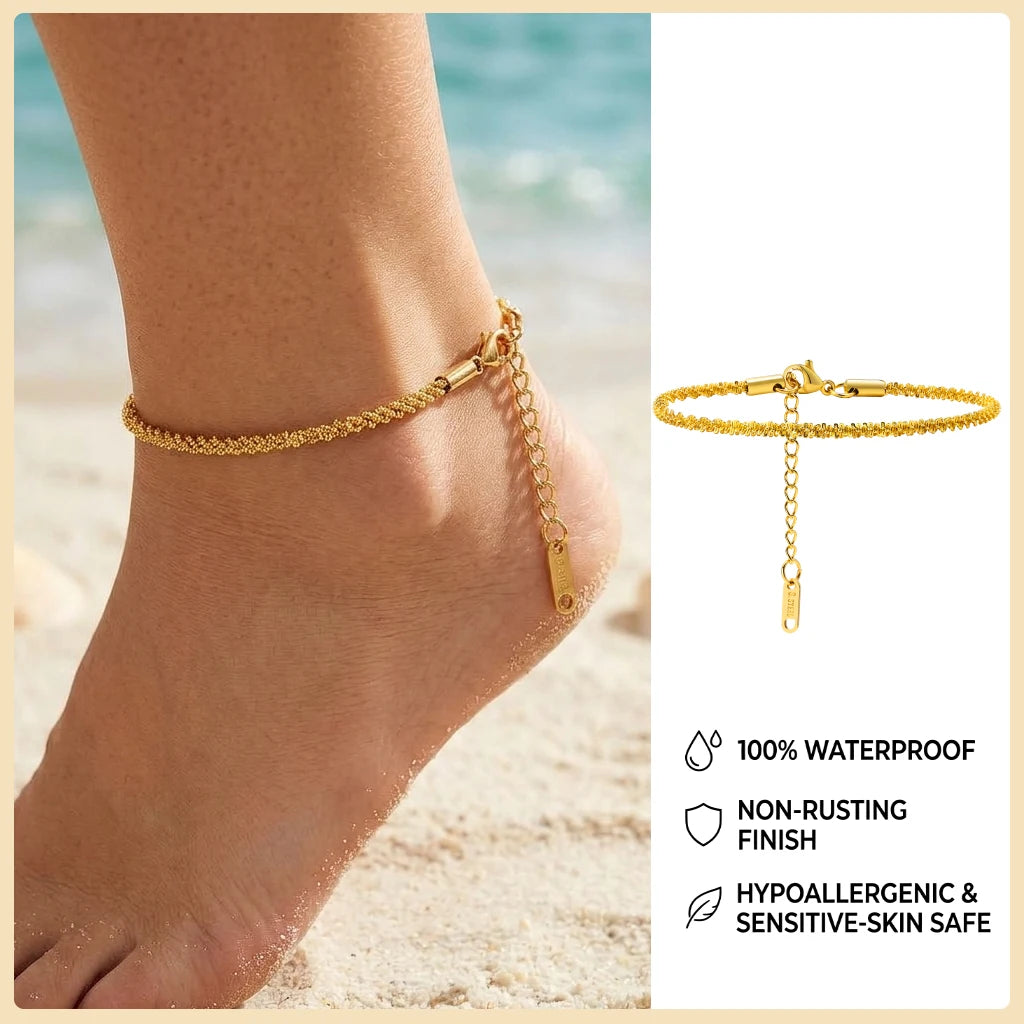 Ball Anklet Bracelet Stainless Steel Non-tarnish Waterproof Adjustable Beach Bead Cuban Link Summer Boho Foot Jewelry for Women