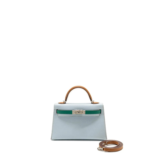 HS MINI KELLY EPSOM BLEU BRUME/VERT JADE/GOLD SHW