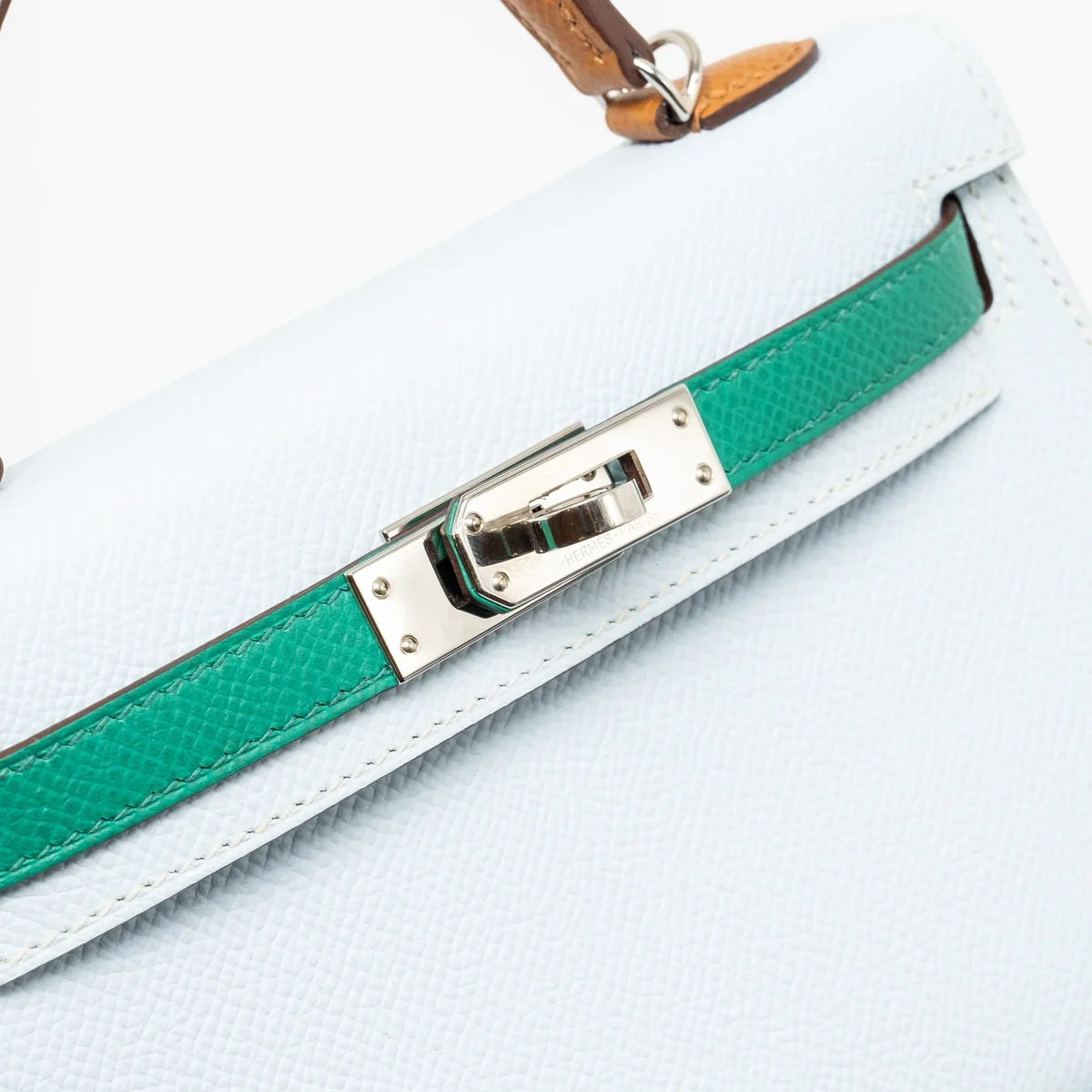 HS MINI KELLY EPSOM BLEU BRUME/VERT JADE/GOLD SHW