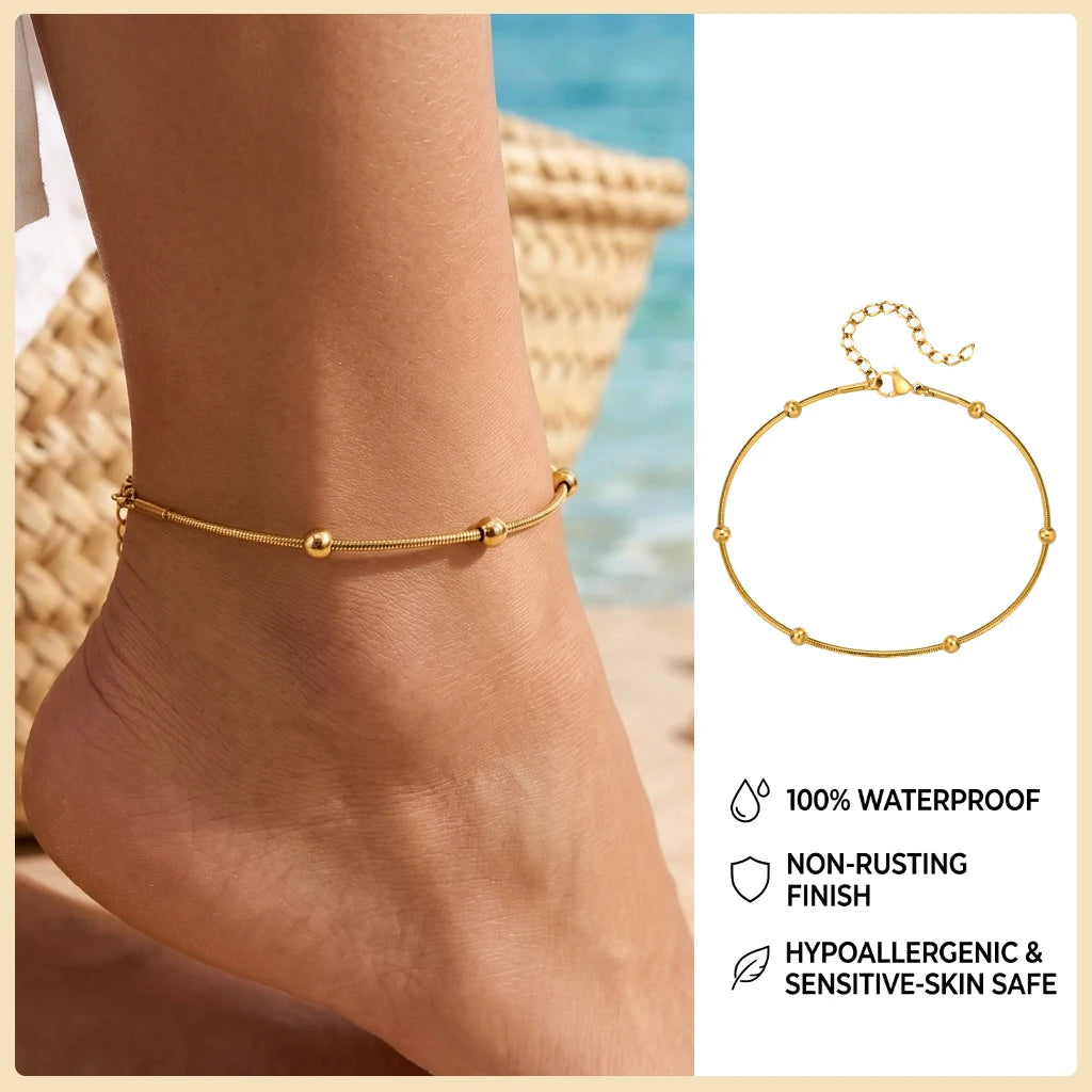 Ball Anklet Bracelet Stainless Steel Non-tarnish Waterproof Adjustable Beach Bead Cuban Link Summer Boho Foot Jewelry for Women