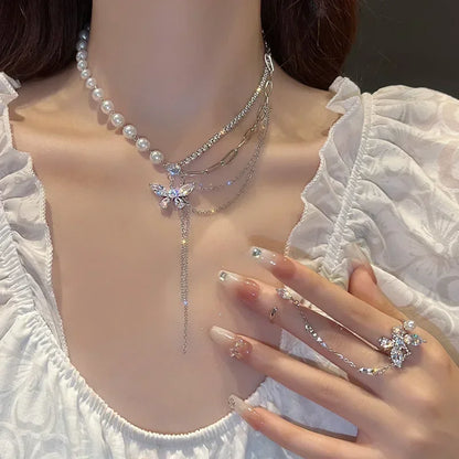 Europe and America Fashion Gold Color Stainless Steel Water Drop Tassel Pendant Necklace for Women Clavicle Chain Paty Jewelry