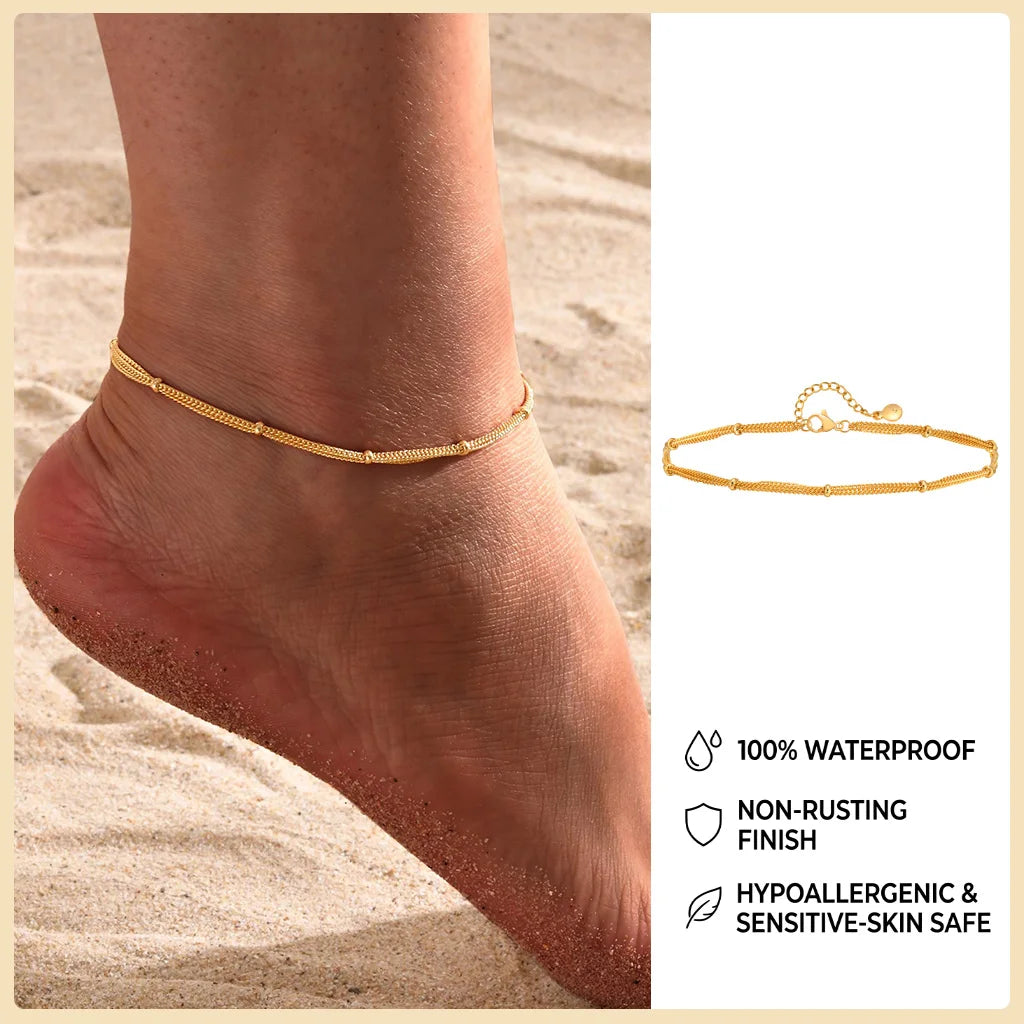Ball Anklet Bracelet Stainless Steel Non-tarnish Waterproof Adjustable Beach Bead Cuban Link Summer Boho Foot Jewelry for Women