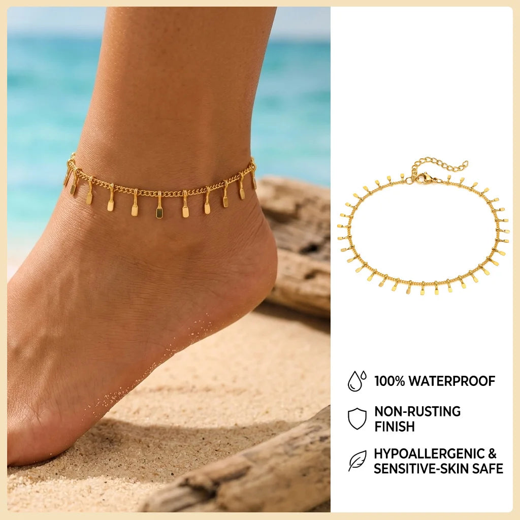Ball Anklet Bracelet Stainless Steel Non-tarnish Waterproof Adjustable Beach Bead Cuban Link Summer Boho Foot Jewelry for Women