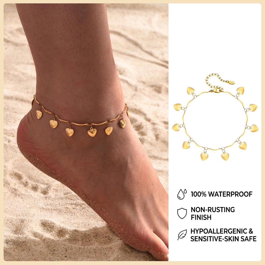 Ball Anklet Bracelet Stainless Steel Non-tarnish Waterproof Adjustable Beach Bead Cuban Link Summer Boho Foot Jewelry for Women