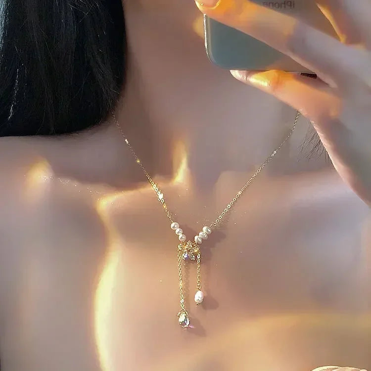 Europe and America Fashion Gold Color Stainless Steel Water Drop Tassel Pendant Necklace for Women Clavicle Chain Paty Jewelry