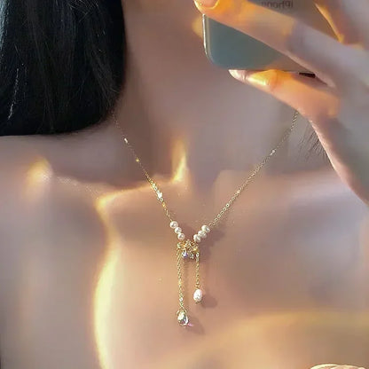 Europe and America Fashion Gold Color Stainless Steel Water Drop Tassel Pendant Necklace for Women Clavicle Chain Paty Jewelry