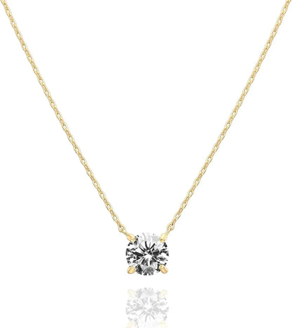 14K Gold Plated Silver Plated Crystal Solitaire 1.5 Carat (7.3mm) Cubic Zirconia Dainty Choker Necklace Gold Necklaces for Women