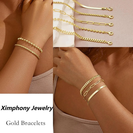 Gold Bracelets stainless steel for Women Bracelets Set for Women Gold Bracelets Stack With Beaded, Cuban, Paperclip, Snake, Rope Gifts for Women