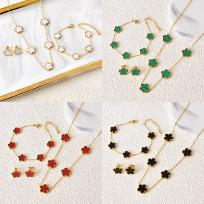 Hot jewelry sales stainless steel five-leaf flower necklace bracelet earrings set high sense women's shamrock jewelry party