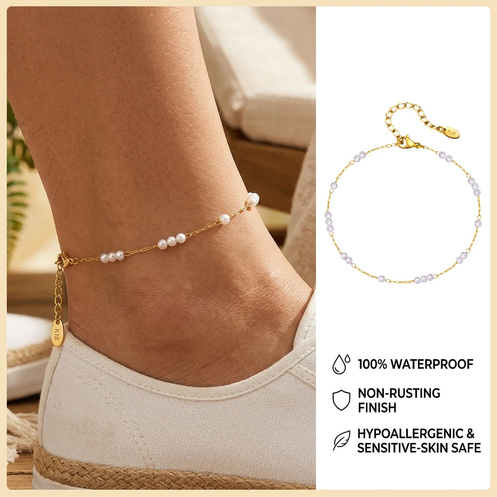 Ball Anklet Bracelet Stainless Steel Non-tarnish Waterproof Adjustable Beach Bead Cuban Link Summer Boho Foot Jewelry for Women