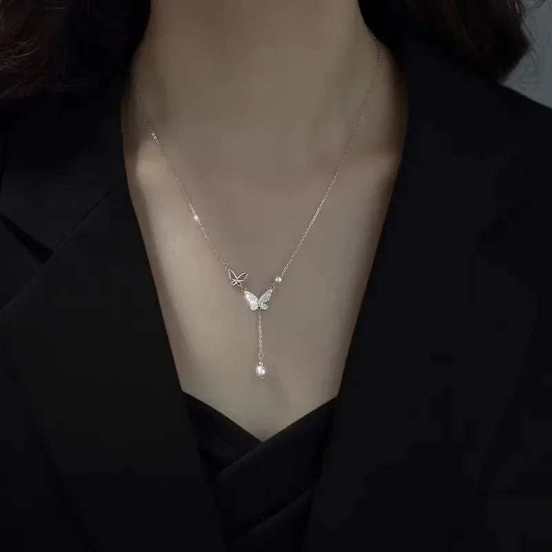 Europe and America Fashion Gold Color Stainless Steel Water Drop Tassel Pendant Necklace for Women Clavicle Chain Paty Jewelry