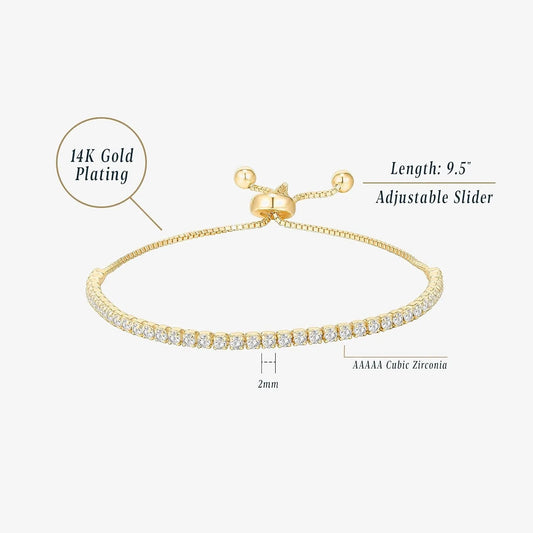 14K Gold Plated Cubic Zirconia Classic Tennis Bracelet for Women | Adjustable Slider| Gift For Women Trendy Bracelet for Women