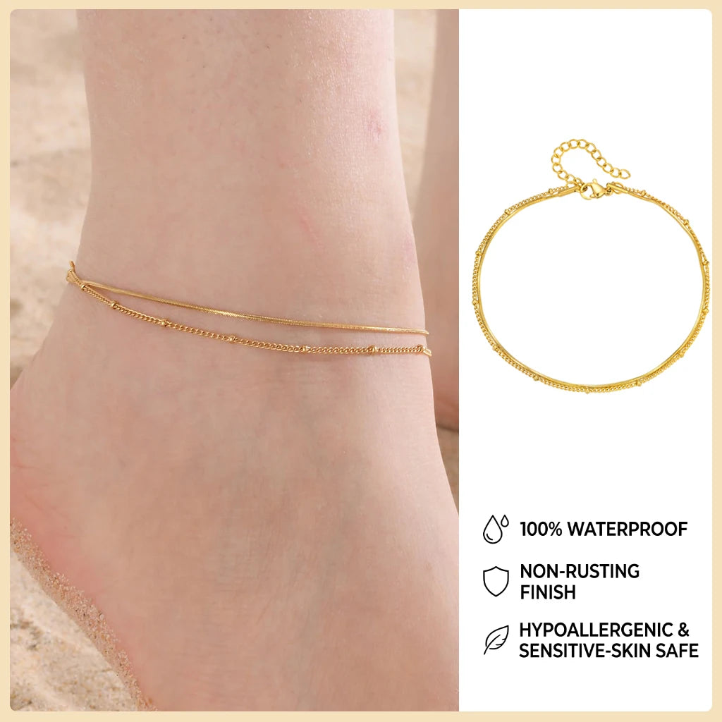 Ball Anklet Bracelet Stainless Steel Non-tarnish Waterproof Adjustable Beach Bead Cuban Link Summer Boho Foot Jewelry for Women
