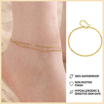 Ball Anklet Bracelet Stainless Steel Non-tarnish Waterproof Adjustable Beach Bead Cuban Link Summer Boho Foot Jewelry for Women