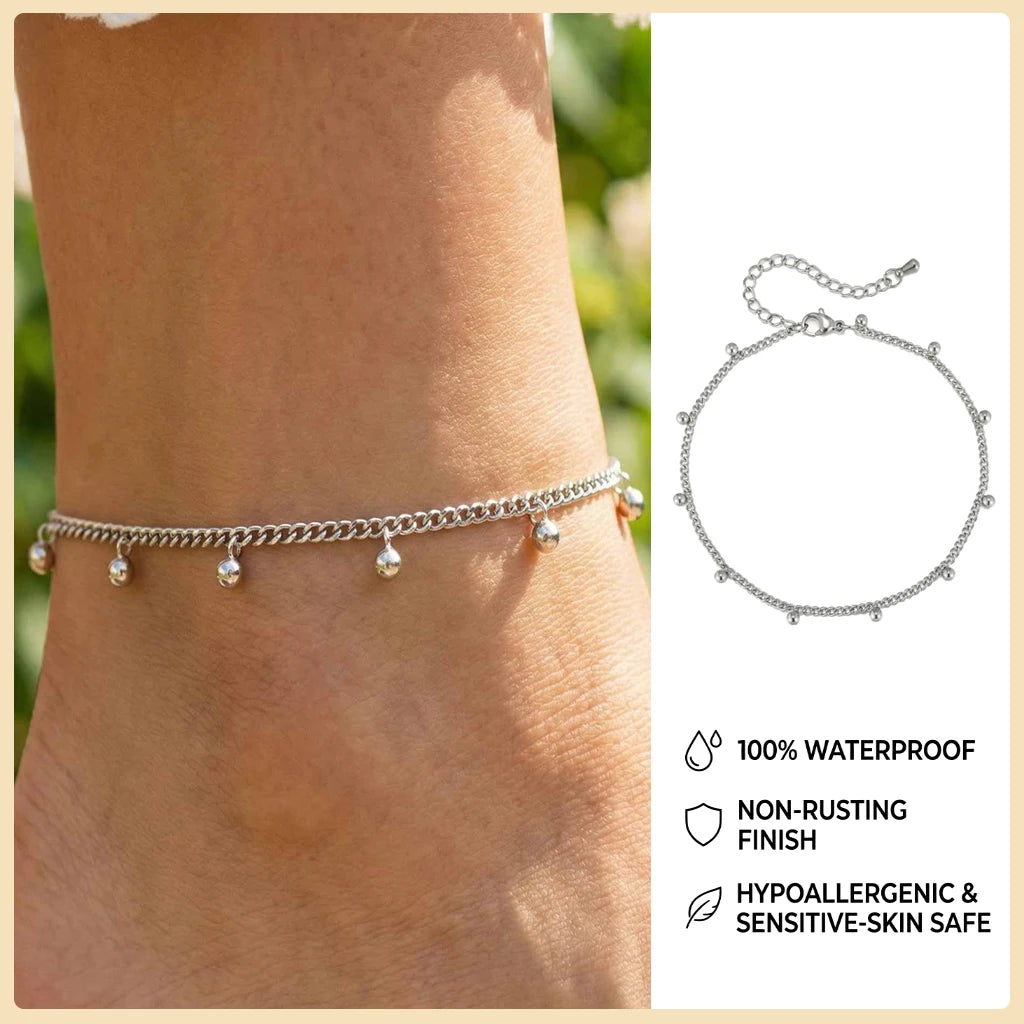 Ball Anklet Bracelet Stainless Steel Non-tarnish Waterproof Adjustable Beach Bead Cuban Link Summer Boho Foot Jewelry for Women
