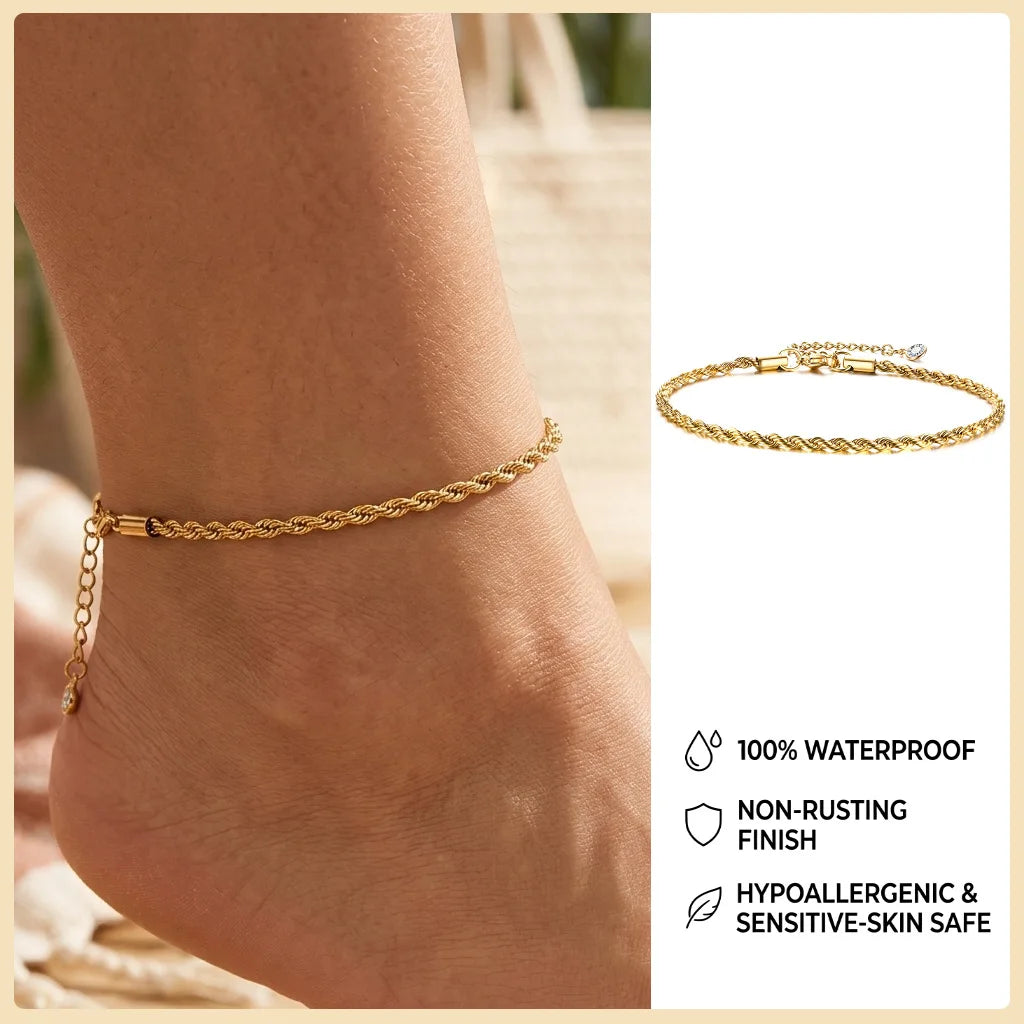 Ball Anklet Bracelet Stainless Steel Non-tarnish Waterproof Adjustable Beach Bead Cuban Link Summer Boho Foot Jewelry for Women