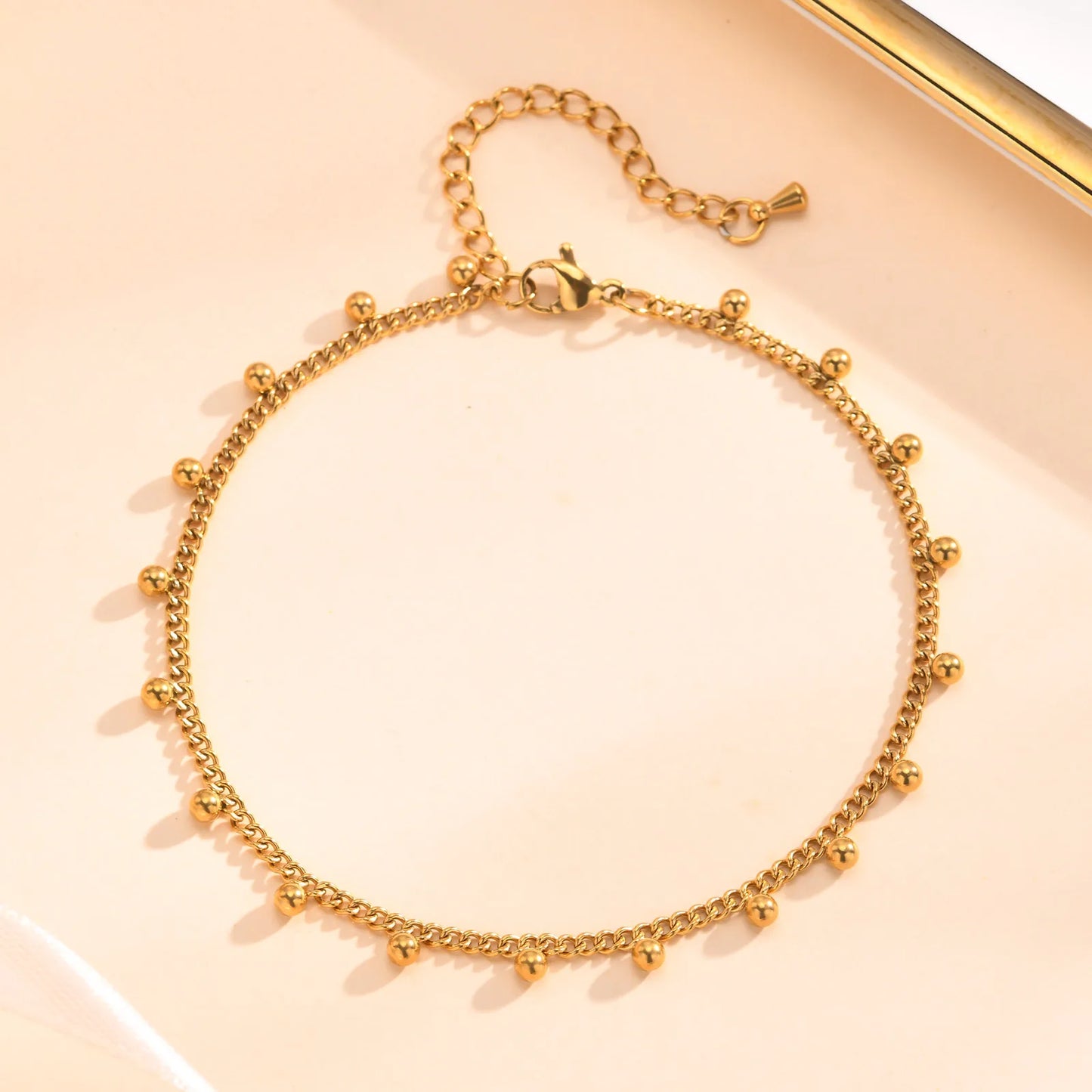Ball Anklet Bracelet Stainless Steel Non-tarnish Waterproof Adjustable Beach Bead Cuban Link Summer Boho Foot Jewelry for Women
