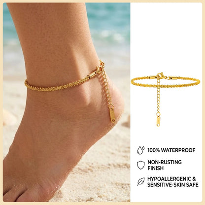 Ball Anklet Bracelet Stainless Steel Non-tarnish Waterproof Adjustable Beach Bead Cuban Link Summer Boho Foot Jewelry for Women