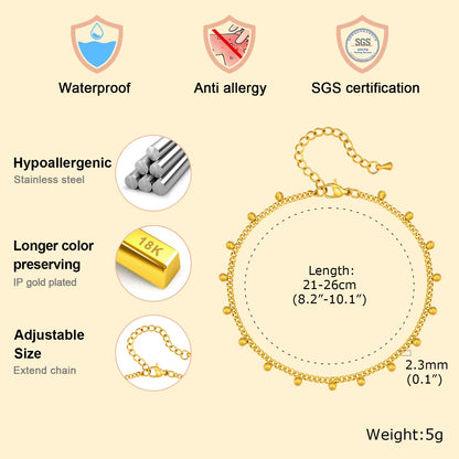 Ball Anklet Bracelet Stainless Steel Non-tarnish Waterproof Adjustable Beach Bead Cuban Link Summer Boho Foot Jewelry for Women