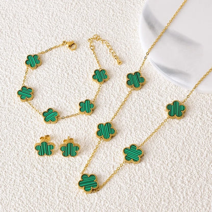 Hot jewelry sales stainless steel five-leaf flower necklace bracelet earrings set high sense women's shamrock jewelry party