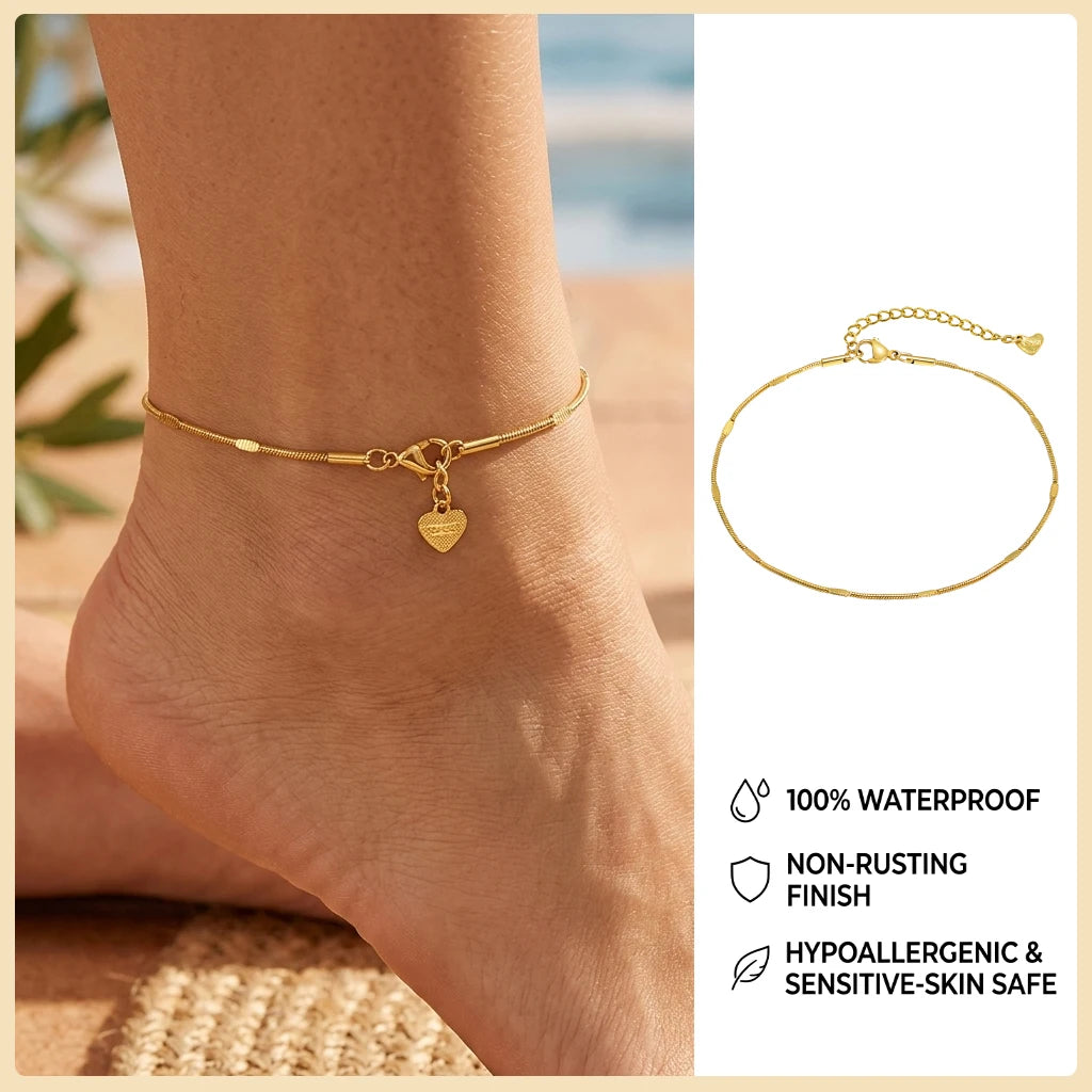 Ball Anklet Bracelet Stainless Steel Non-tarnish Waterproof Adjustable Beach Bead Cuban Link Summer Boho Foot Jewelry for Women