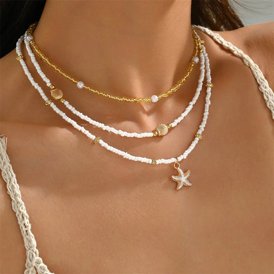 Summer Bead Stacked Choker Delicate Starfish Shell Pendant Necklace Women's Bohemian Beach Party Vacation Jewelry